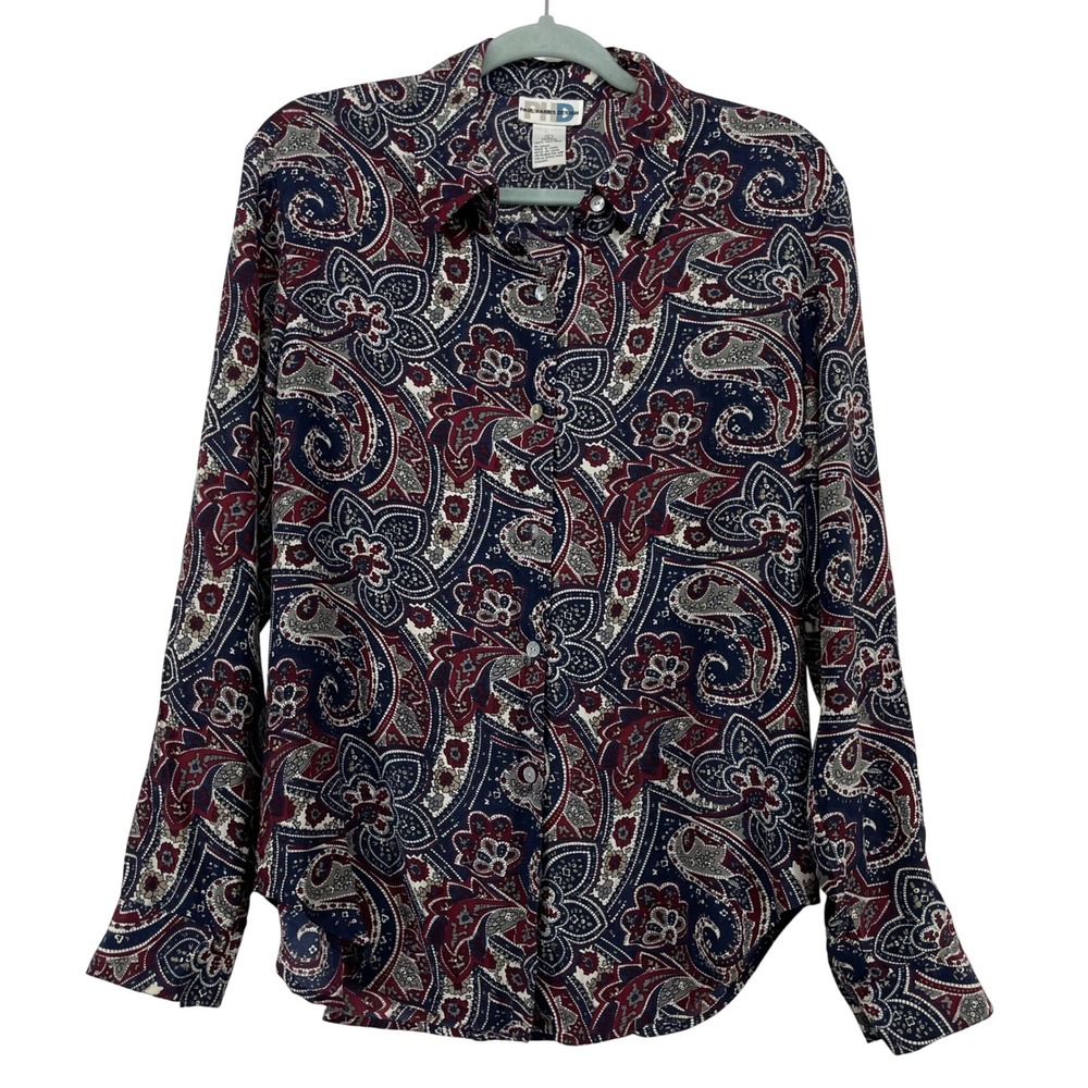 Paul Harris Design Size L Silk Blouse Navy Paisley Long Sleeve Button Down Women